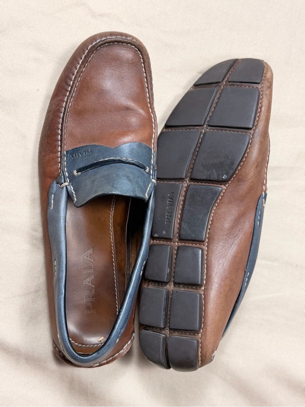 Prada Leather Driving Loafers Brown Blue Made in Italy Men’s Size 8